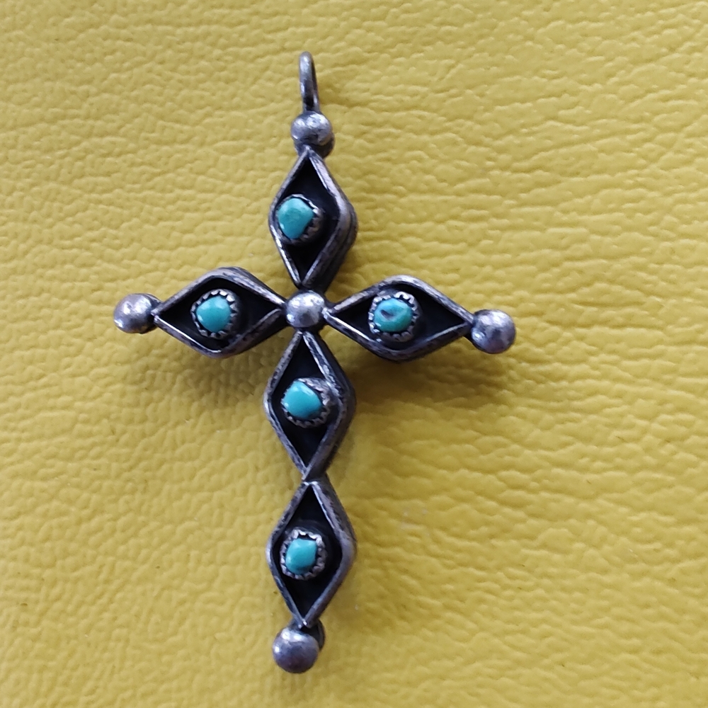Silver, Turquoise and Coral Cross Pendant